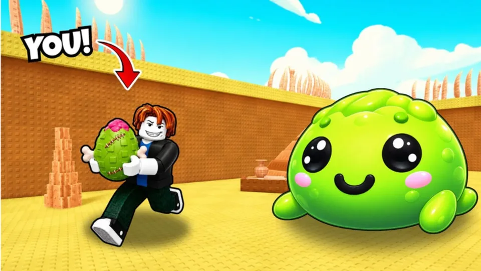 A player carries a green stitched egg away from a large green Squishy Dumpling in a sandy pen