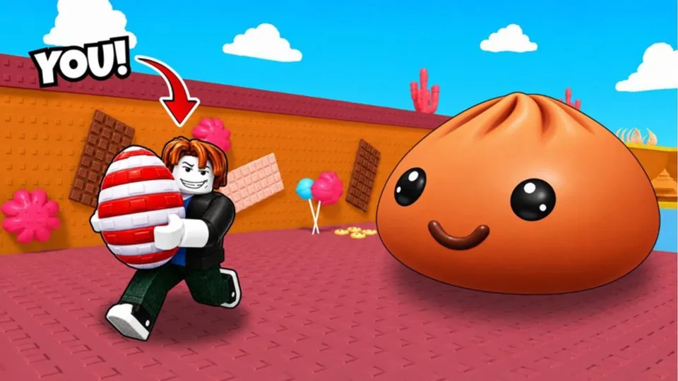 A Roblox avatar runs with a red-and-white striped egg while a giant orange Squishy Dumpling sits on a red floor.